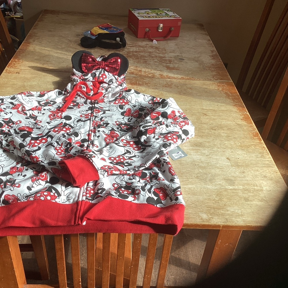 Disney Store Minnie Mouse Bling Sequin Bow Ears Zip Hoodie Red White Womens L